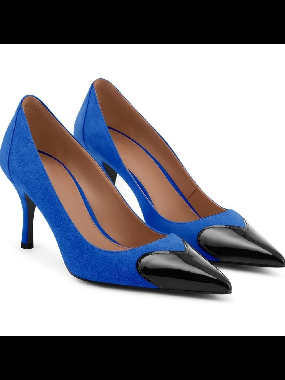 Blue Pointed Toe Pump with Black Patent Cap